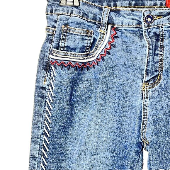 V Cristina Jeans Size 10 Blue Stretch Straight Leg Embroidered Leg Seam Pockets - Picture 3 of 5